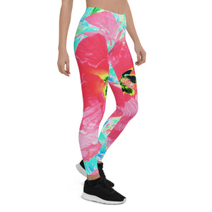 Leggings for Women, Two Rosy Red Coral Plum Crazy Hibiscus on Aqua