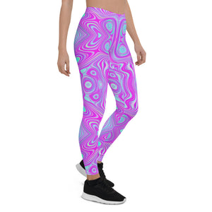 Leggings for Women, Trippy Hot Pink and Aqua Blue Abstract Pattern