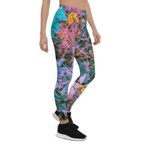 Leggings for Women, Abstract Coral, Pink, Green and Aqua Garden Foliage