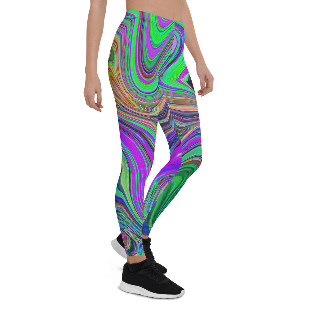 Leggings for Women, Trippy Lime Green and Purple Waves of Color