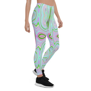 Leggings for Women, Retro Abstract Pink, Lime Green and Aqua Pattern