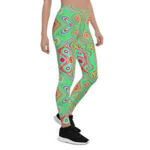 Leggings for Women, Trippy Retro Orange and Lime Green Abstract Pattern