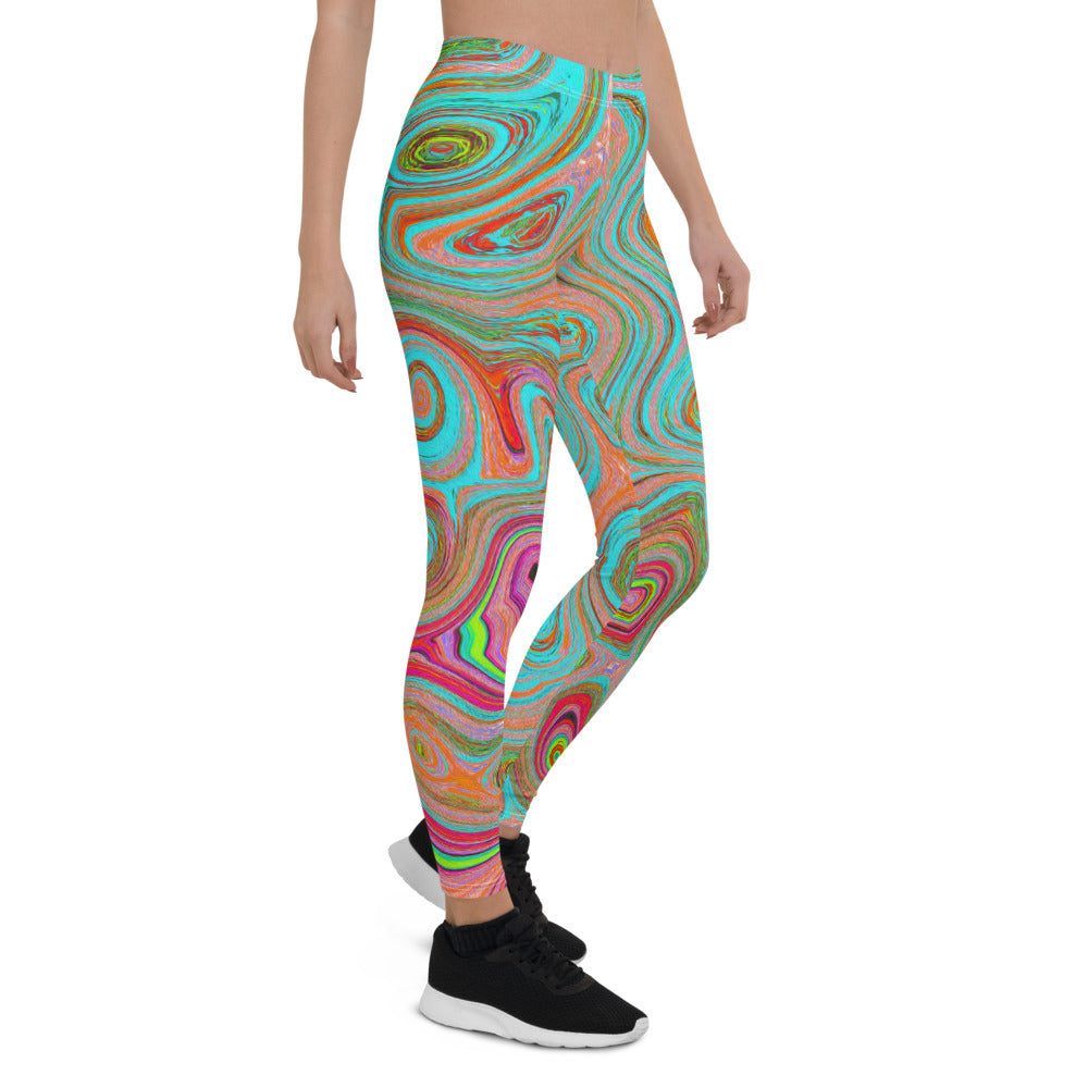 Leggings for Women, Trippy Retro Orange and Aqua Groovy Abstract Art