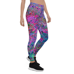 Leggings for Women, Abstract Psychedelic Rainbow Colors Foliage Garden