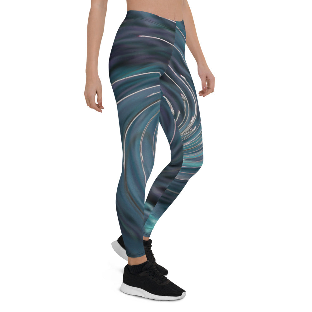 Leggings for Women, Cool Abstract Retro Black and Teal Cosmic Swirl