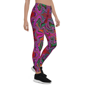 Leggings for Women, Cool Trippy Magenta, Red and Green Wavy Pattern