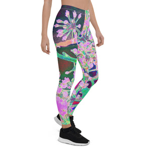 Leggings for Women, Cool Abstract Retro Nature in Pink and Lime Green