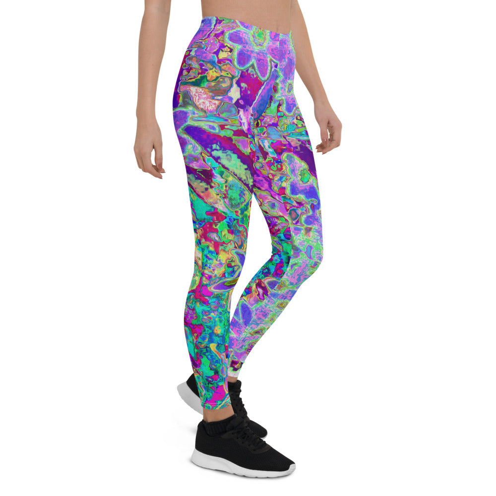 Leggings for Women, Trippy Abstract Pink and Purple Flowers