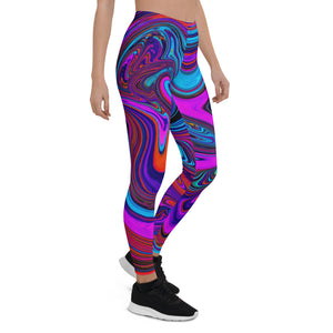 Leggings for Women, Marbled Magenta, Blue and Red Abstract Art