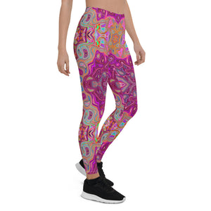 Leggings for Women, Abstract Magenta, Pink, Blue and Red Groovy Pattern