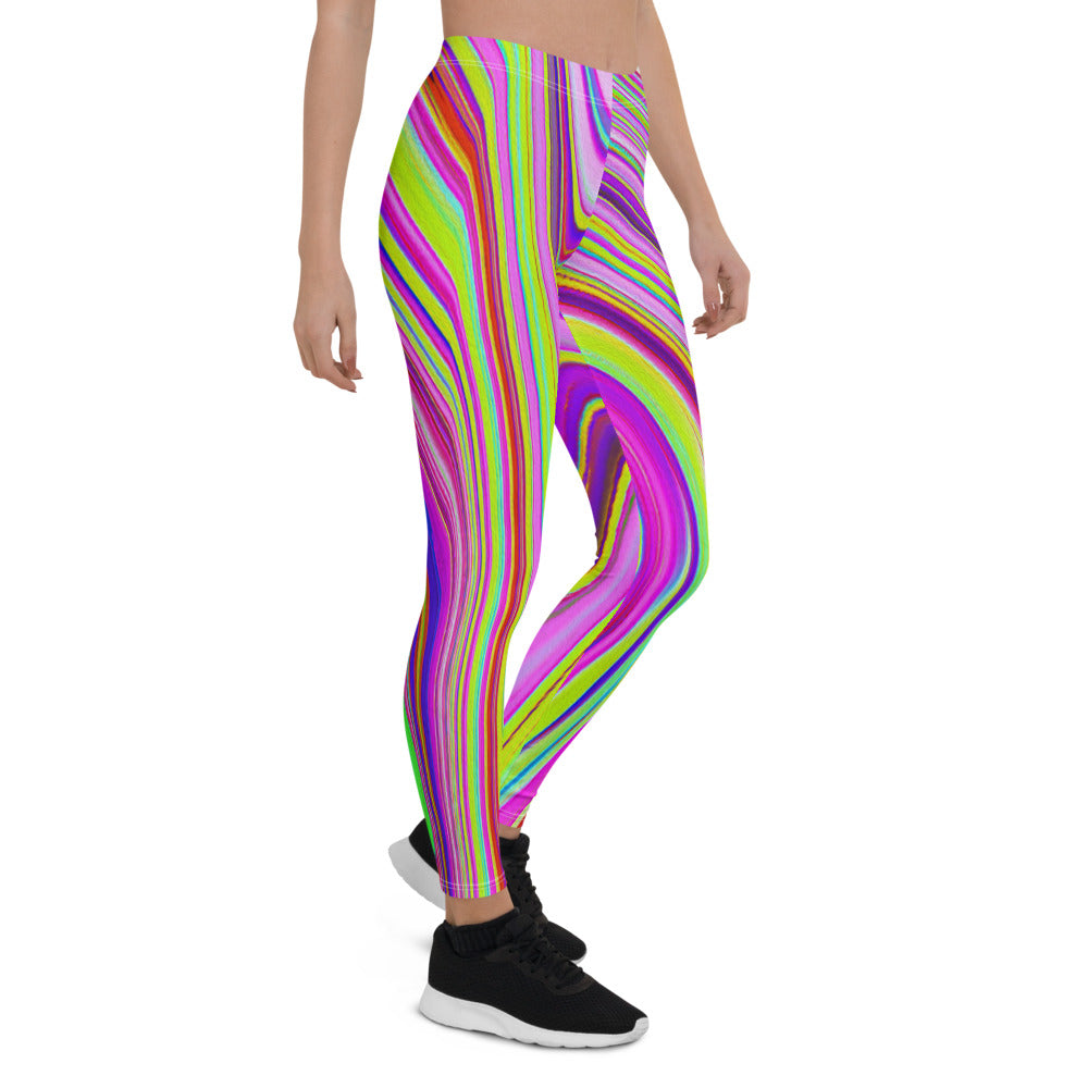 Leggings for Women, Trippy Yellow and Pink Abstract Groovy Retro Art