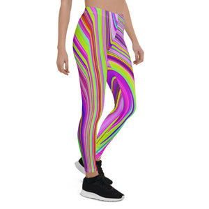 Leggings for Women, Trippy Yellow and Pink Abstract Groovy Retro Art