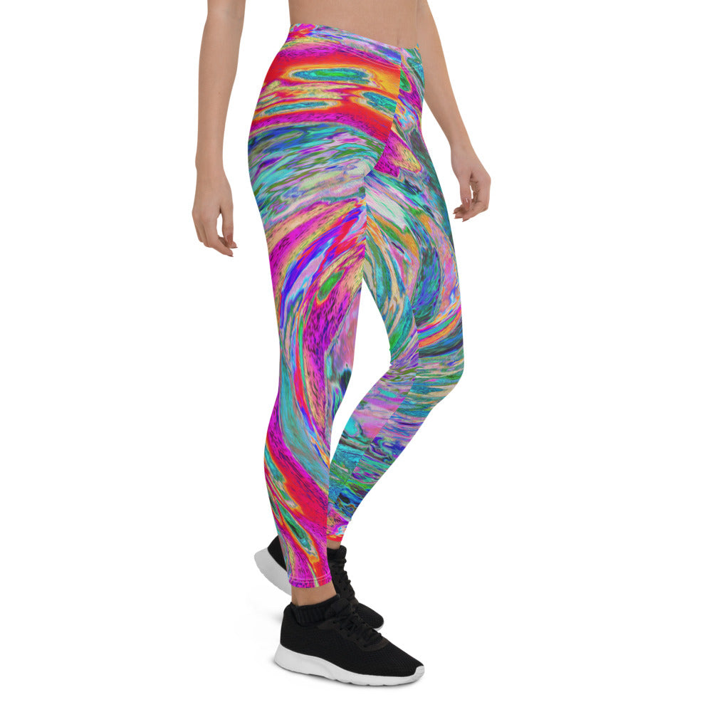 Leggings for Women, Abstract Floral Psychedelic Rainbow Waves of Color