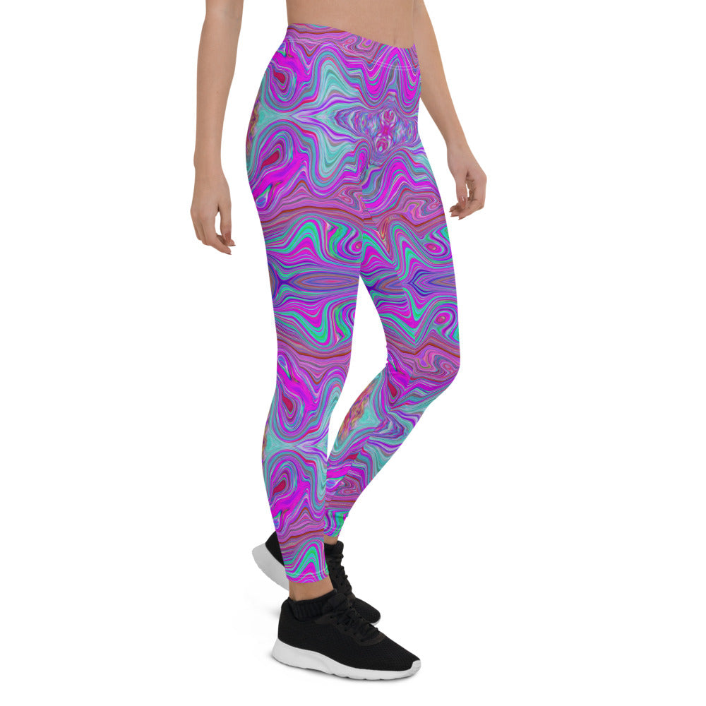 Leggings for Women, Wavy Magenta and Blue Trippy Marbled Pattern