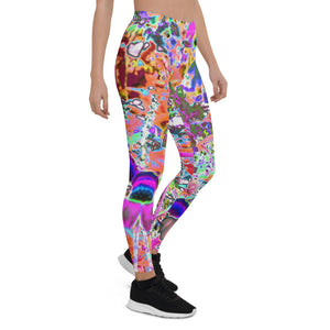 Leggings for Women, Psychedelic Hot Pink and Lime Green Garden Flowers