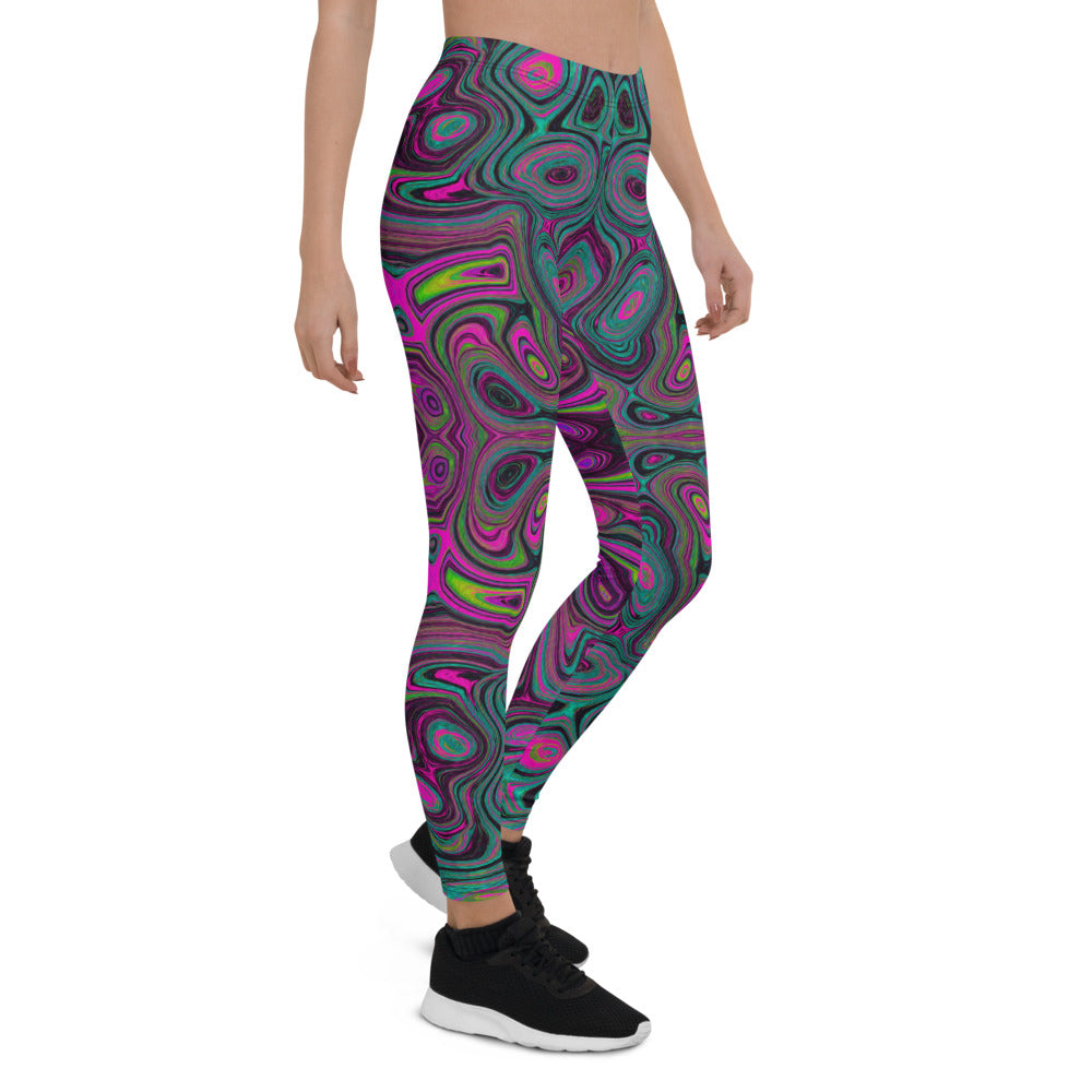 Leggings for Women, Abstract Magenta and Teal Blue Groovy Retro Pattern