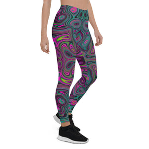 Leggings for Women, Abstract Magenta and Teal Blue Groovy Retro Pattern