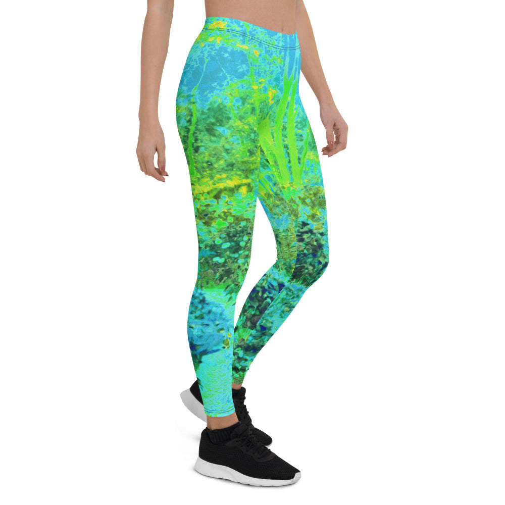 Leggings for Women, Trippy Lime Green and Blue Impressionistic Landscape