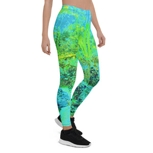 Leggings for Women, Trippy Lime Green and Blue Impressionistic Landscape