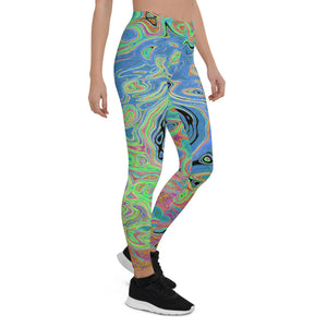 Leggings for Women, Watercolor Blue Groovy Abstract Retro Liquid Swirl