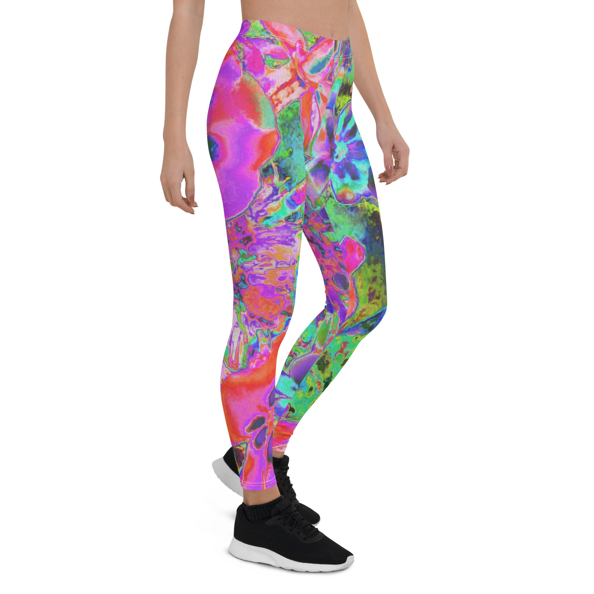 Leggings for Women, Trippy Psychedelic Hot Pink and Purple Flowers