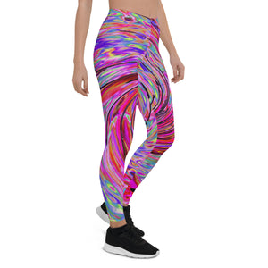 Leggings for Women, Cool Abstract Retro Hot Pink and Red Floral Swirl