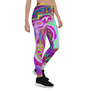 Leggings for Women, Groovy Abstract Retro Magenta Rainbow Swirl