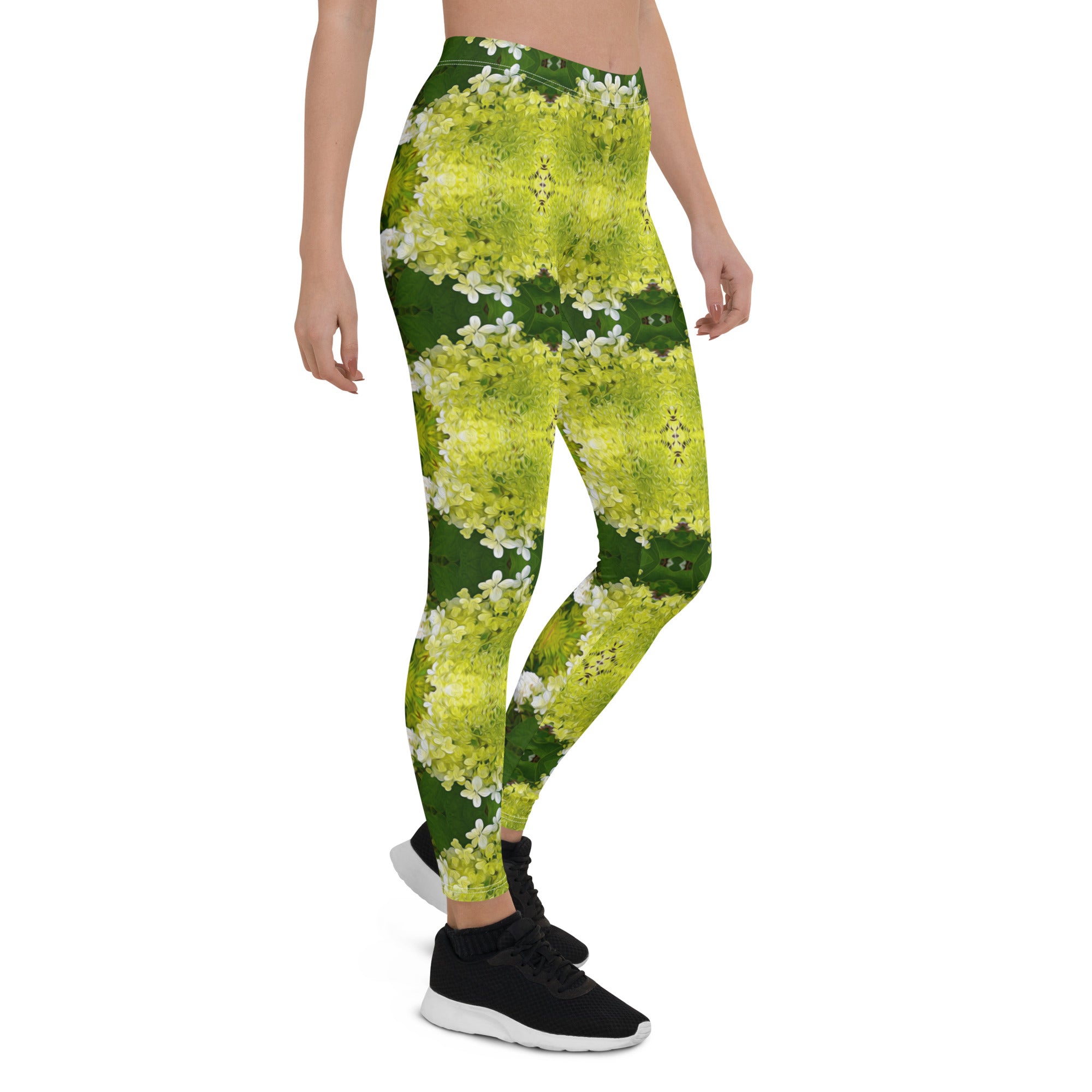 Leggings for Women, Chartreuse Green Abstract Hydrangea Blooms Pattern