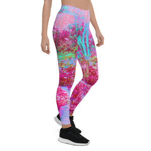 Leggings for Women, Impressionistic Red and Pink Garden Landscape