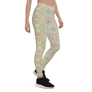 Leggings for Women, Trippy Retro Pink and Lime Green Abstract Pattern