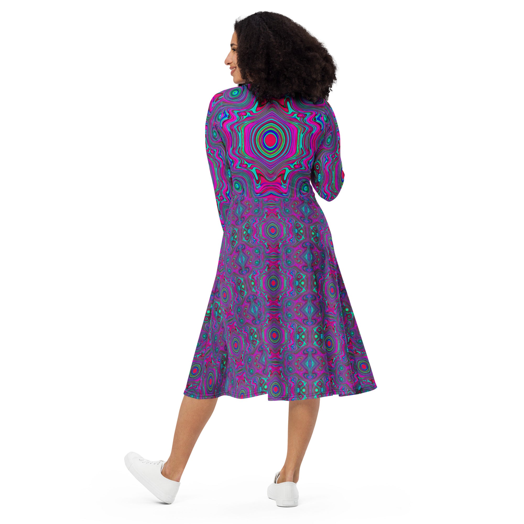 Midi Dress, Trippy Retro Magenta, Blue and Green Abstract