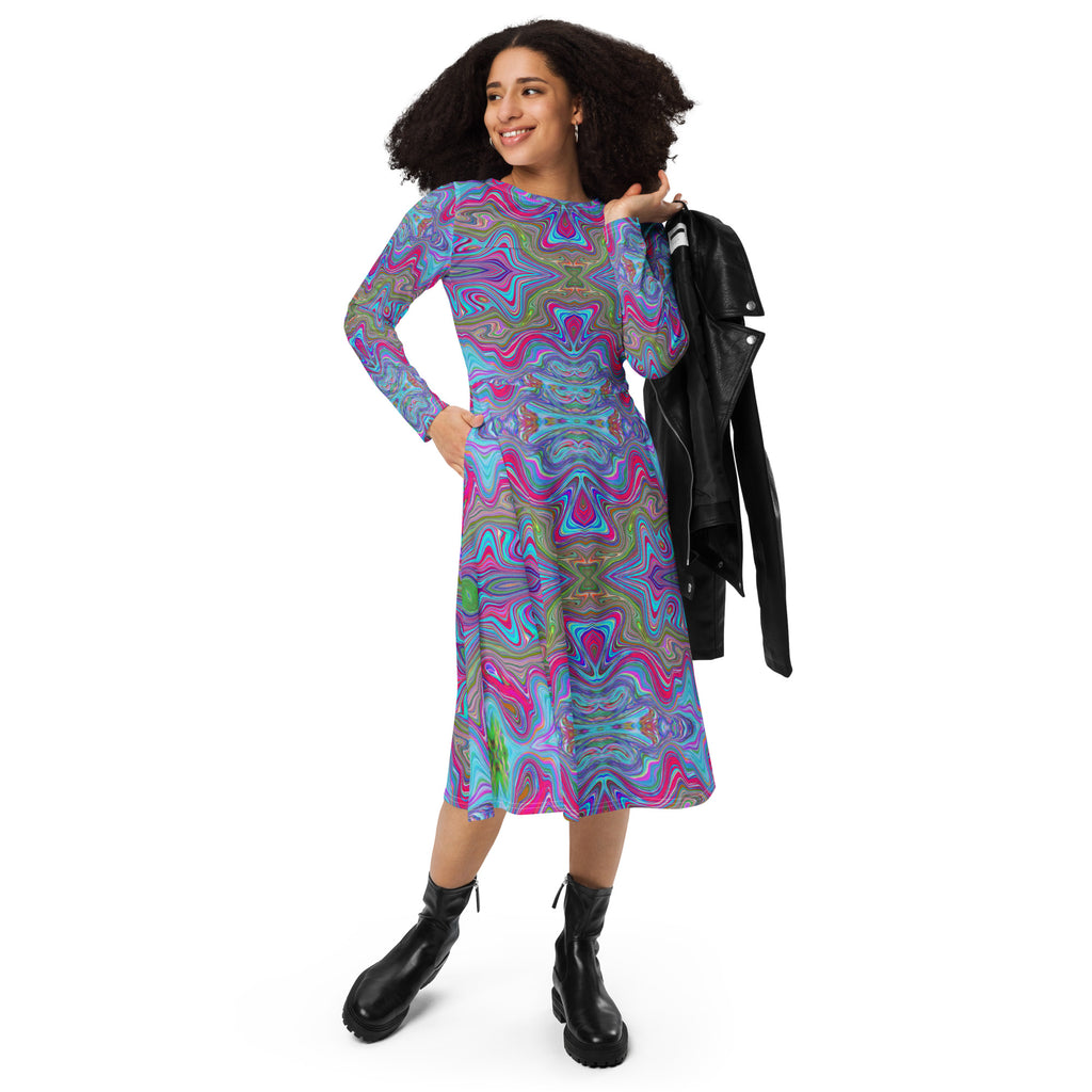 Midi Dress, Wavy Sky Blue Multicolored Trippy Pattern