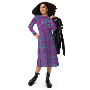 Midi Dress, Trippy Retro Magenta, Blue and Green Abstract