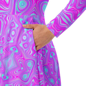 Midi Dress, Trippy Hot Pink and Aqua Blue Abstract Pattern