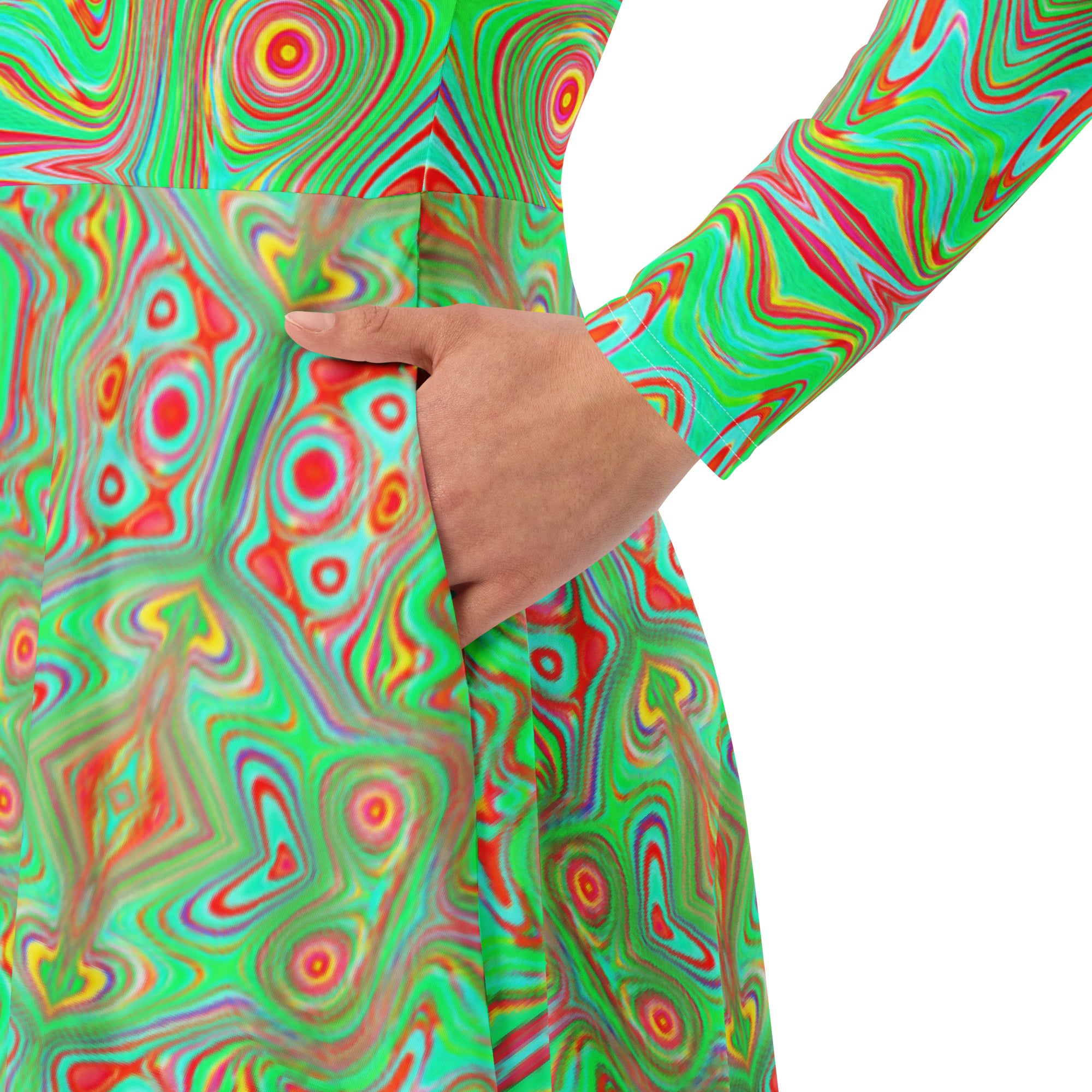 Midi Dress, Trippy Retro Orange and Lime Green Abstract Pattern