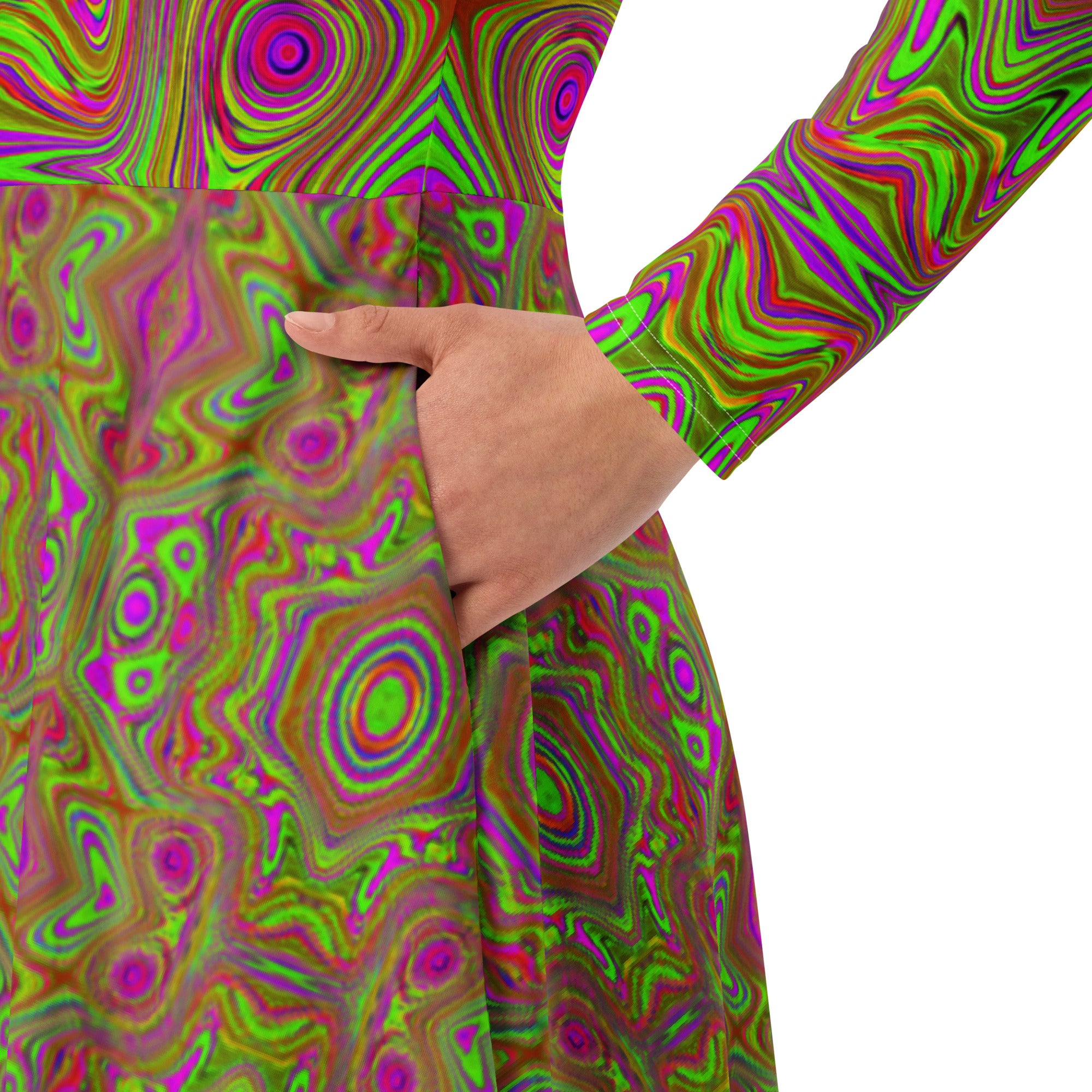 Midi Dress, Trippy Retro Chartreuse Magenta Abstract Pattern