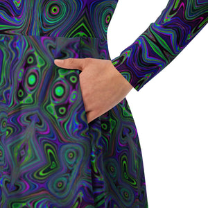 Midi Dress, Trippy Retro Royal Blue and Lime Green Abstract