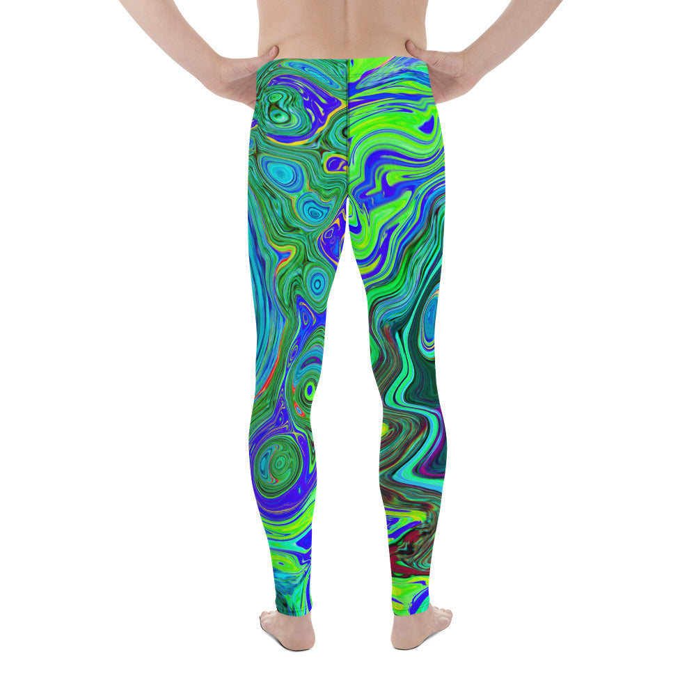 Men's Leggings, Groovy Abstract Retro Green and Blue Swirl