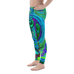 Men's Leggings, Groovy Abstract Retro Green and Blue Swirl