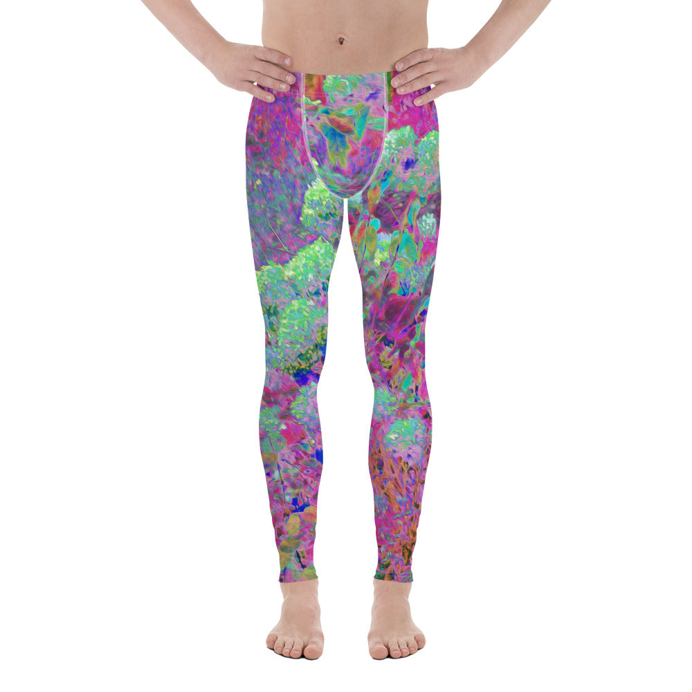 Men's Leggings, Magenta Garden with Aqua Hydrangea Flowers