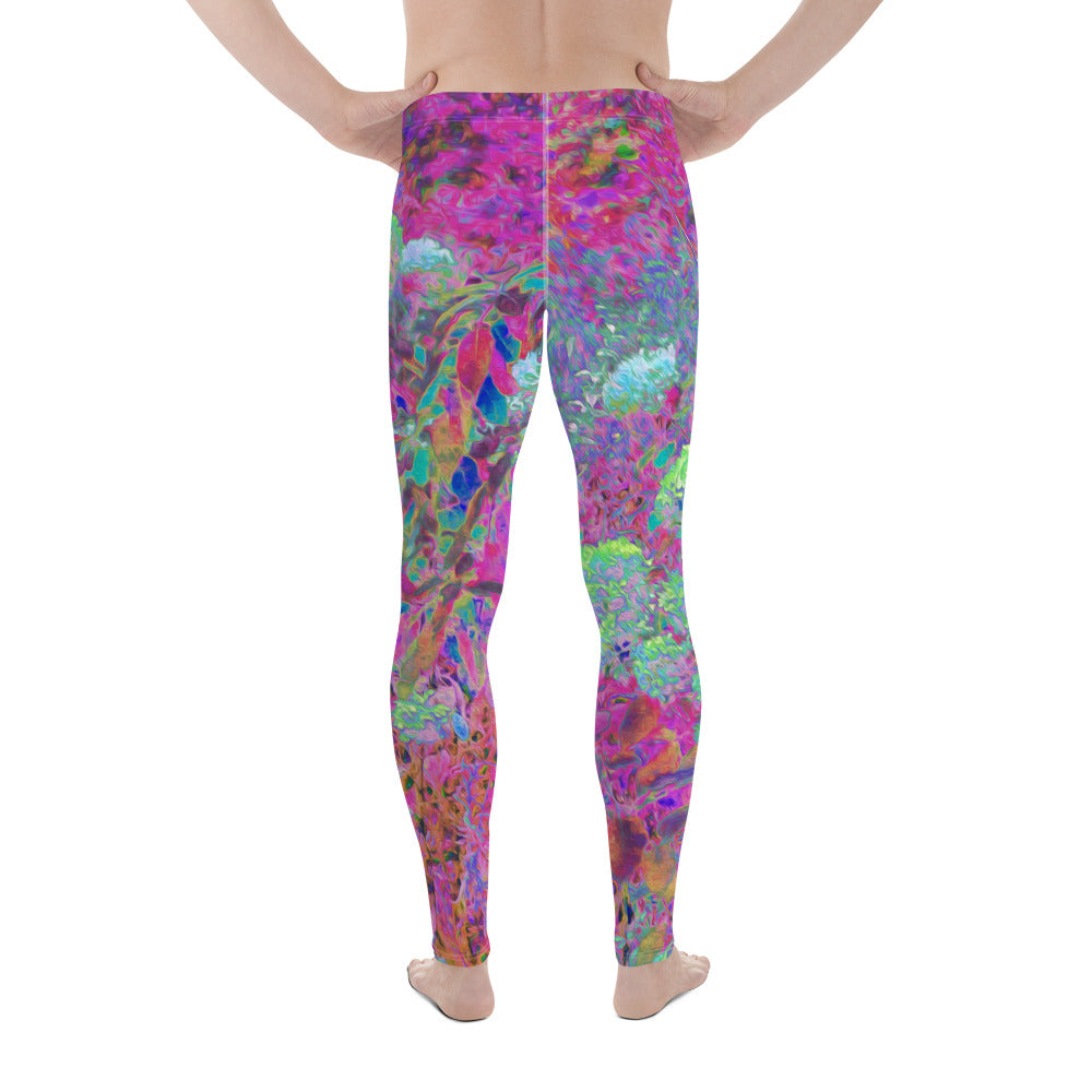 Men's Leggings, Magenta Garden with Aqua Hydrangea Flowers