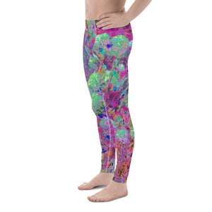 Men's Leggings, Magenta Garden with Aqua Hydrangea Flowers