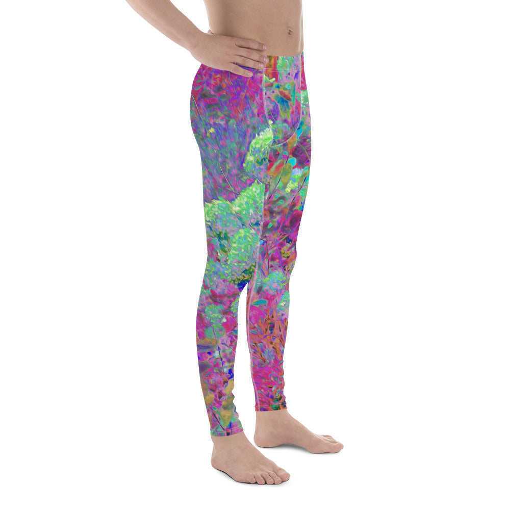 Men's Leggings, Magenta Garden with Aqua Hydrangea Flowers