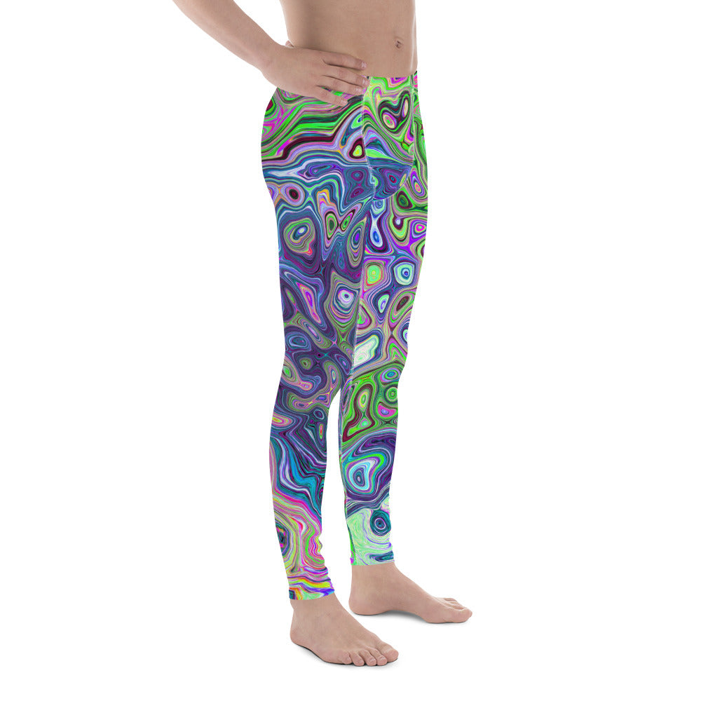 Men's Leggings, Marbled Lime Green and Purple Abstract Retro Swirl