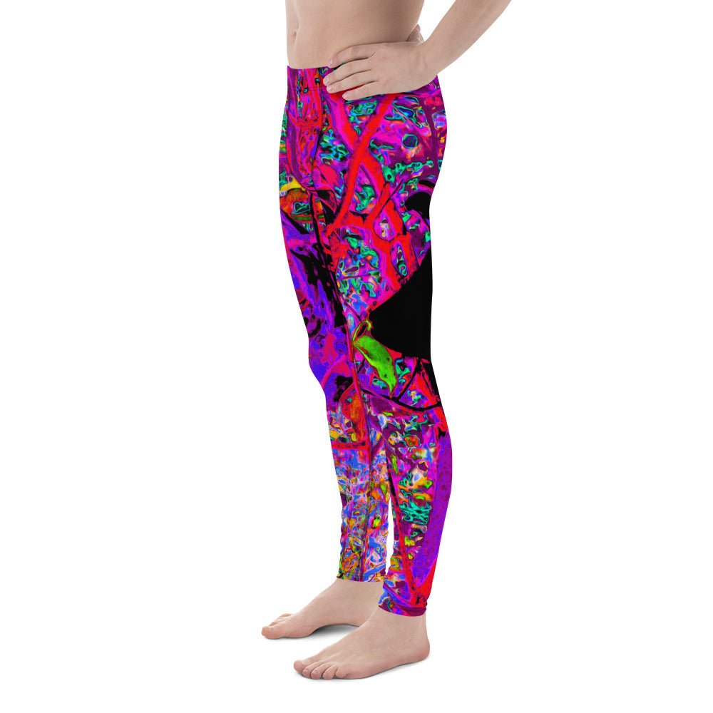 Men's Leggings, Trippy Abstract Rainbow Oriental Lily Flowers