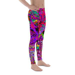 Men's Leggings, Trippy Abstract Rainbow Oriental Lily Flowers