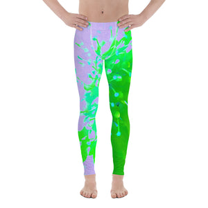Men's Leggings, Abstract Pincushion Flower in Lavender and Green