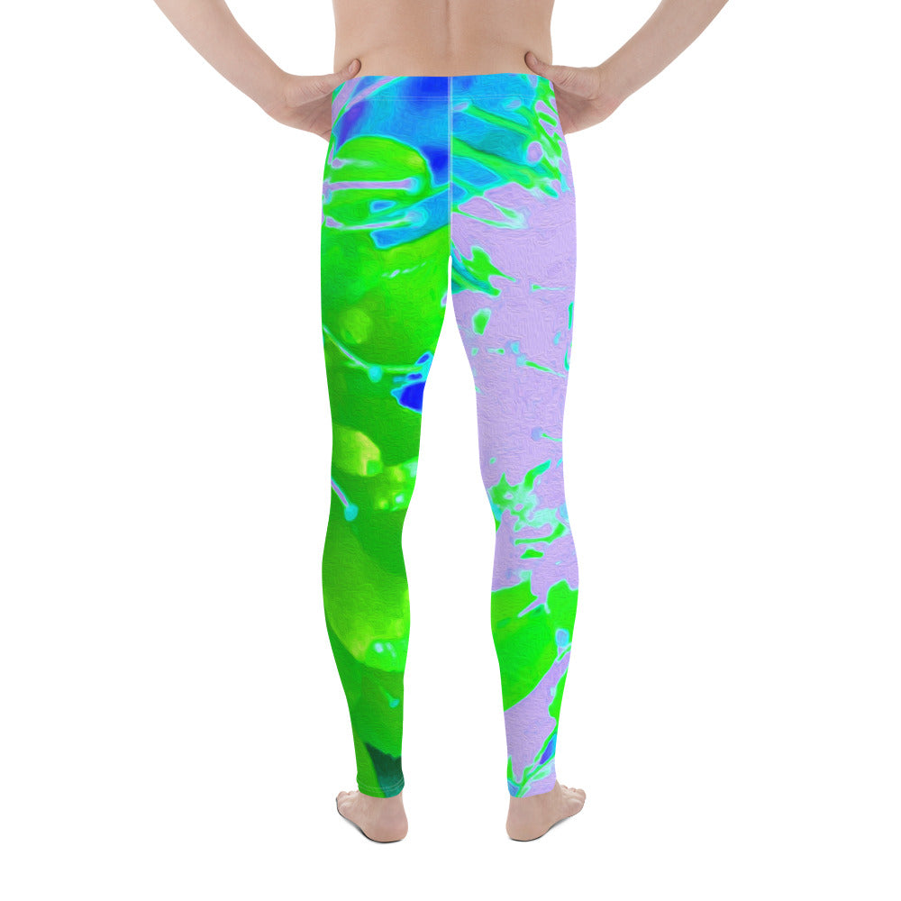 Men's Leggings, Abstract Pincushion Flower in Lavender and Green