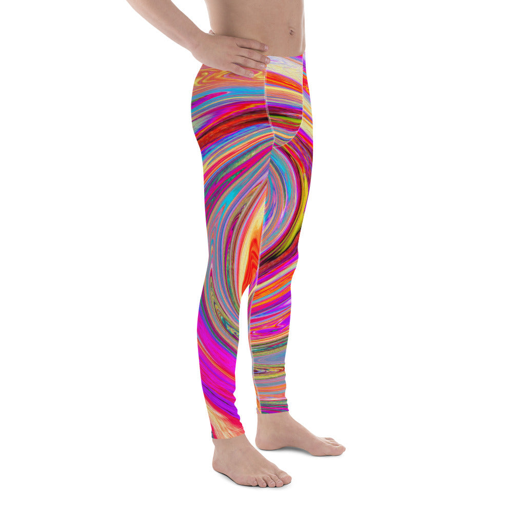 Men's Leggings, Colorful Rainbow Swirl Retro Abstract Design