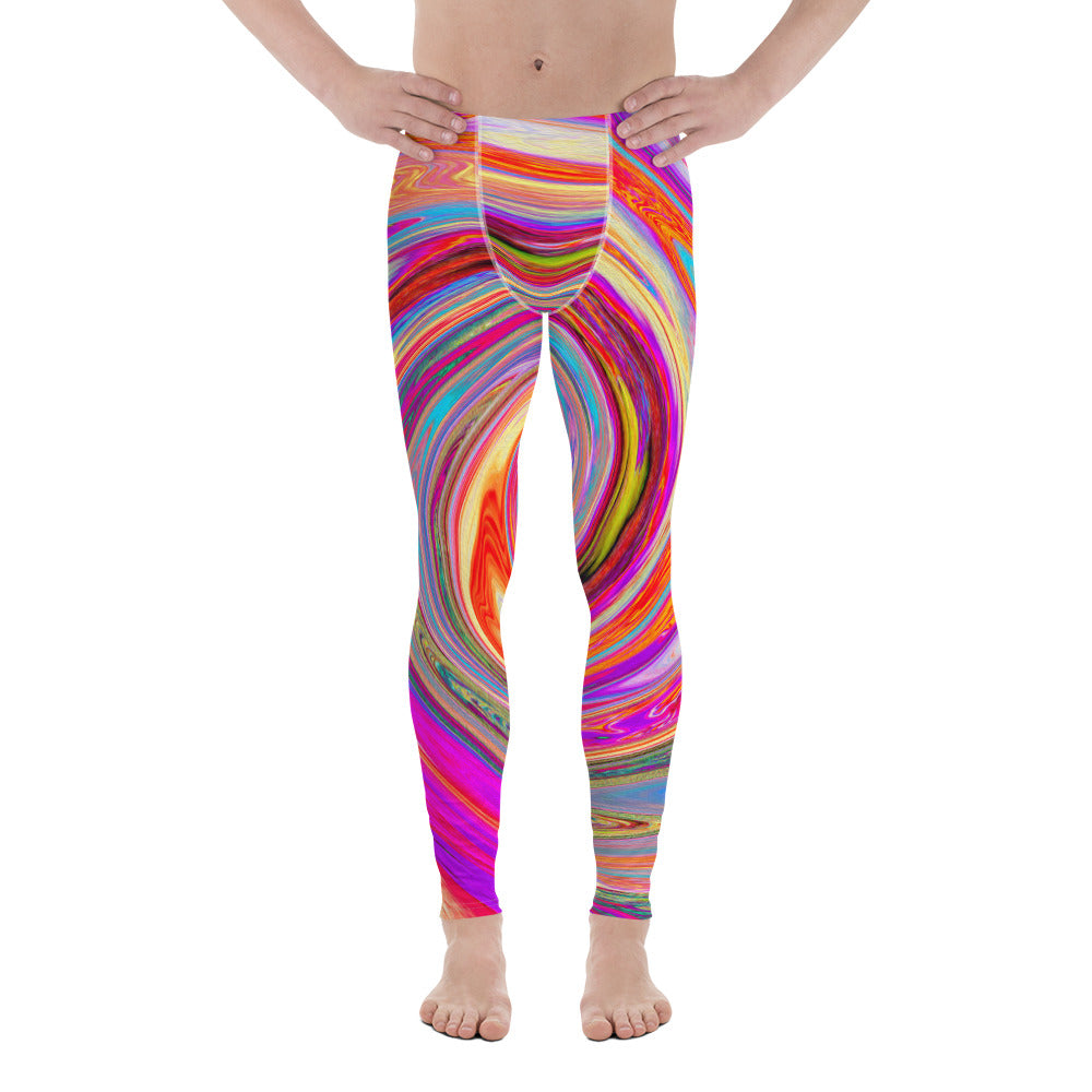 Men's Leggings, Colorful Rainbow Swirl Retro Abstract Design